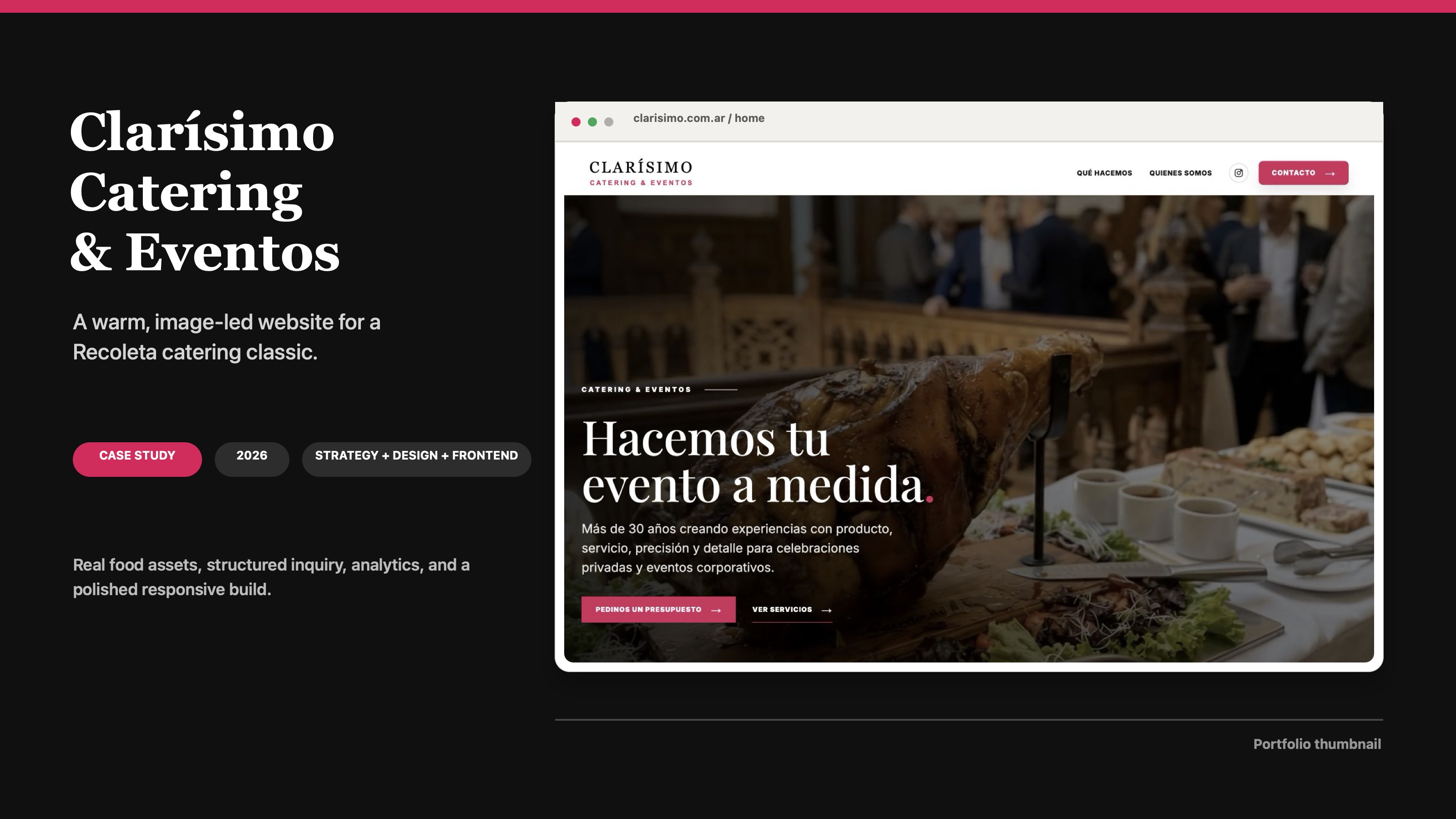 Designed Clarísimo case study preview with the project title and homepage browser frame