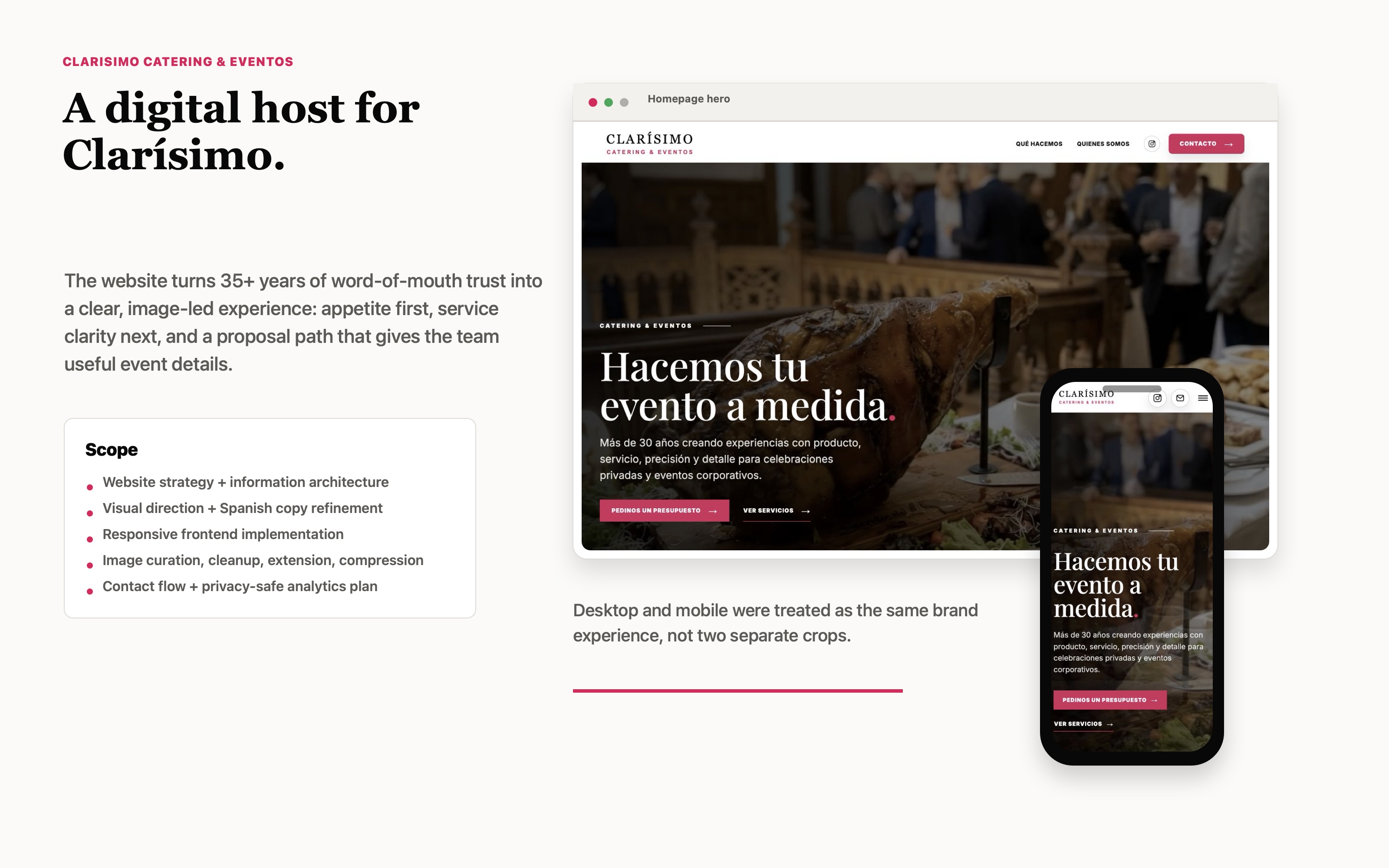 Designed Clar&iacute;simo case study overview board showing desktop, mobile, and project scope