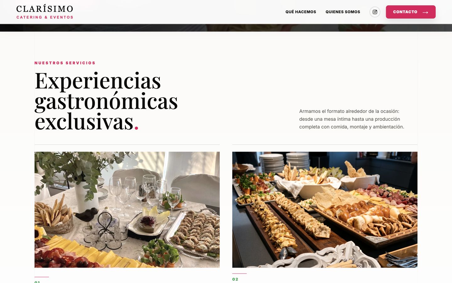 Clarísimo home page with photography for Private events and Corporate catering