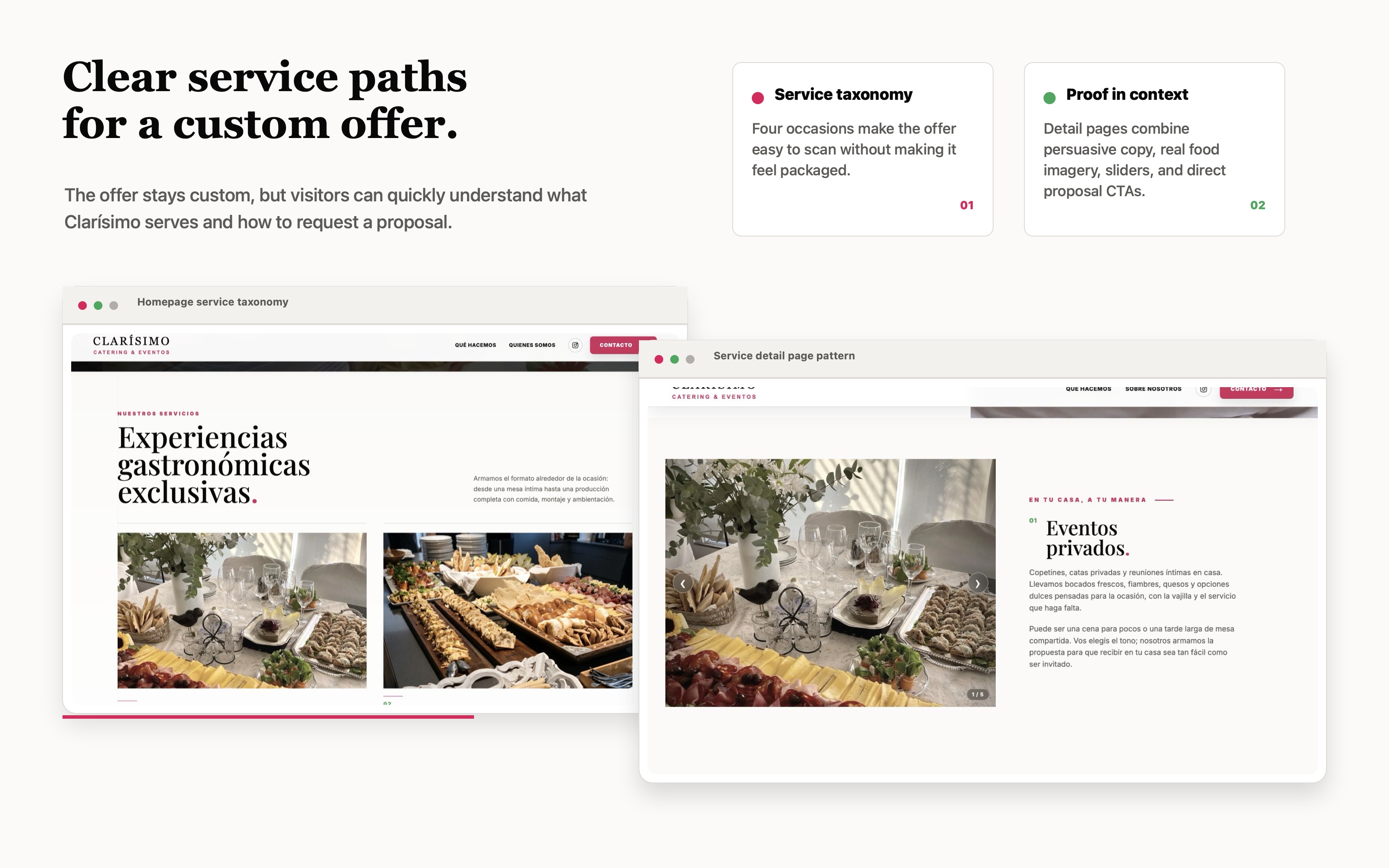 Designed case study board showing Clar&iacute;simo service taxonomy and service detail page pattern