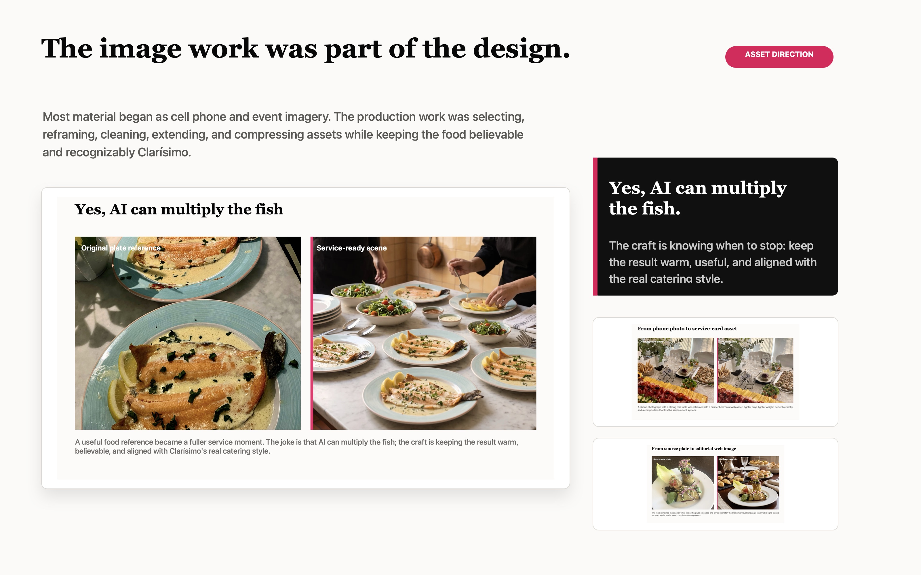 Designed asset direction board showing before and after Clar&iacute;simo food imagery