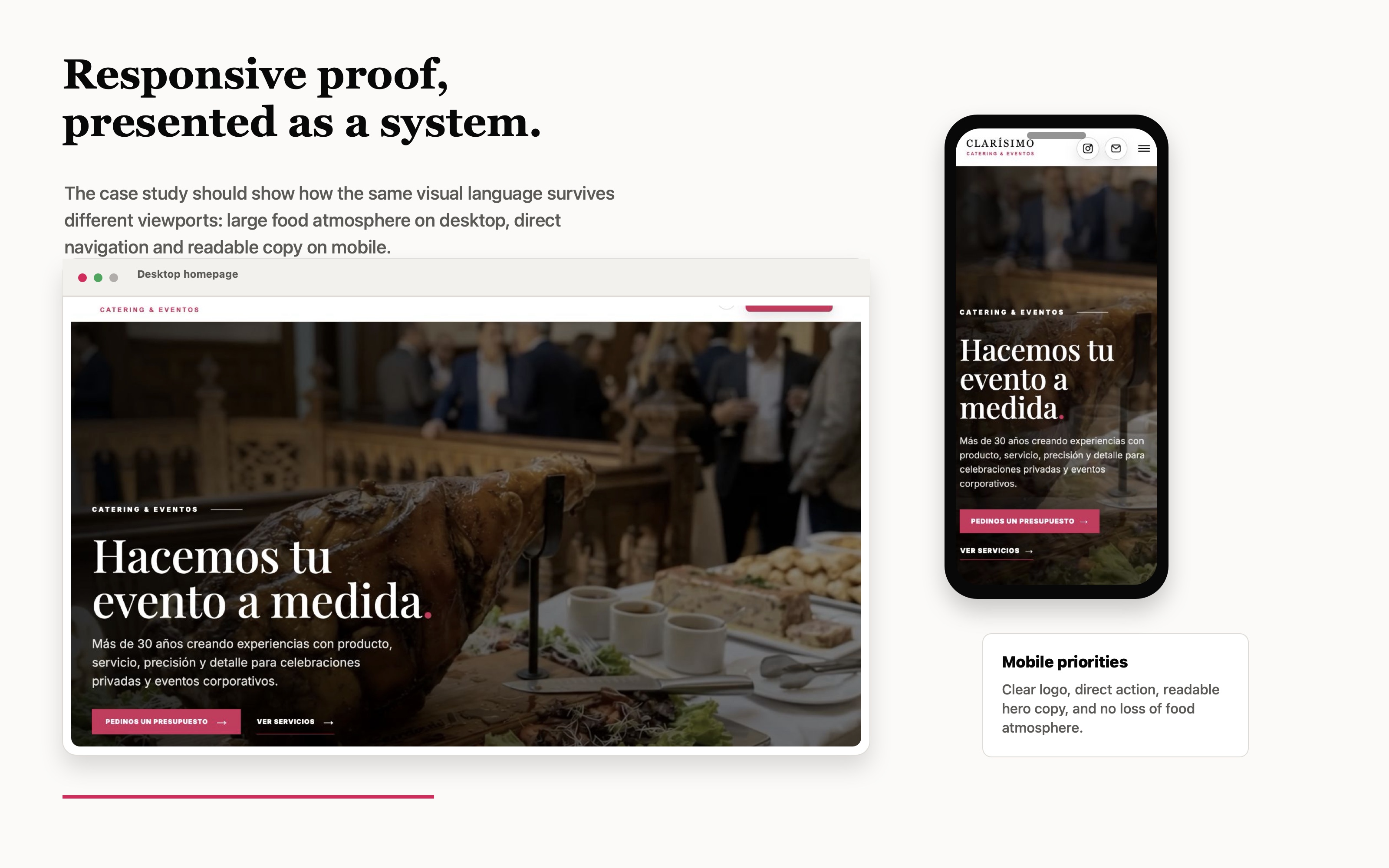 Designed case study board showing Clar&iacute;simo desktop and mobile responsive presentation
