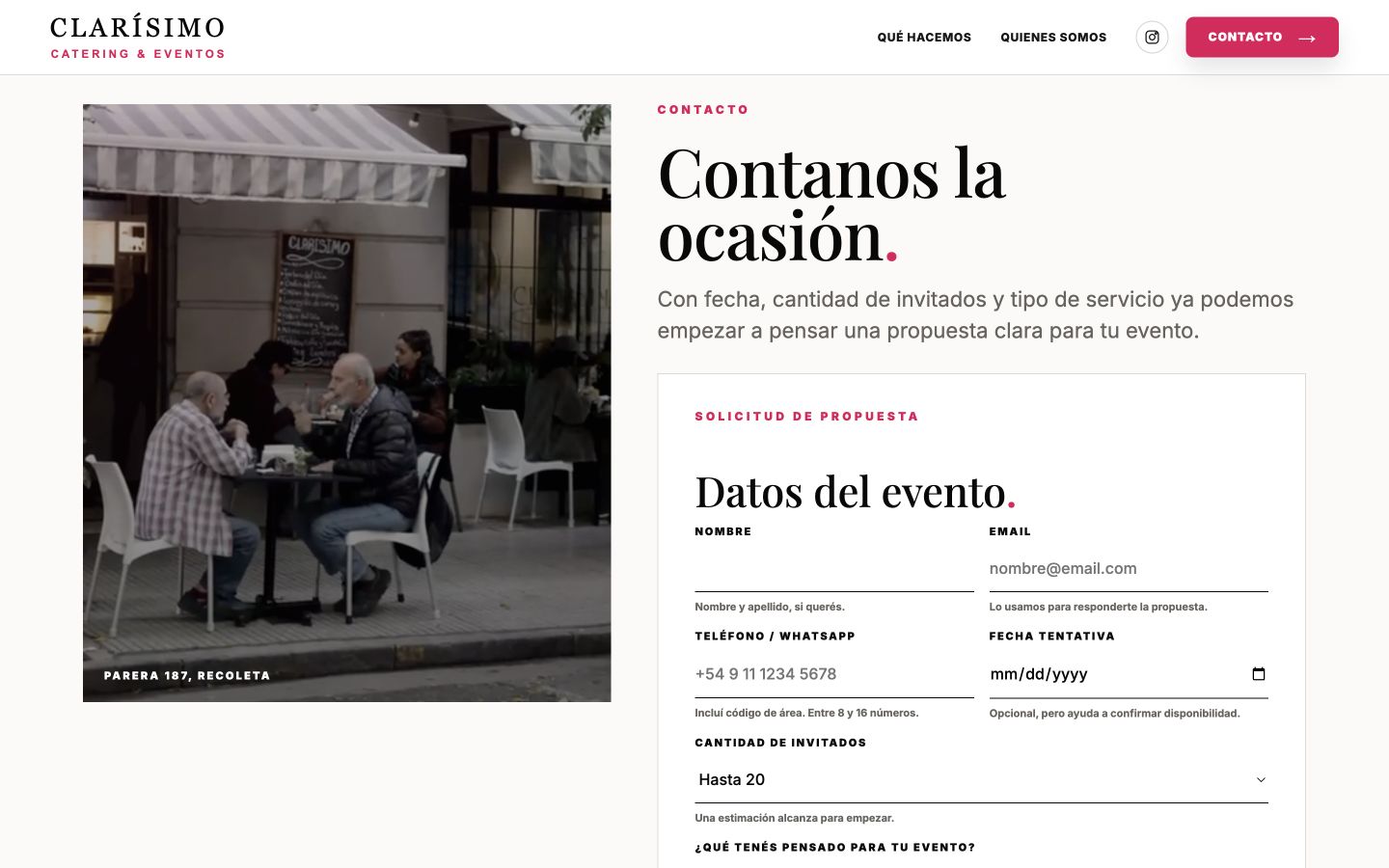 The Tell us about the occasion section and the opening fields of Clarísimo's inquiry form