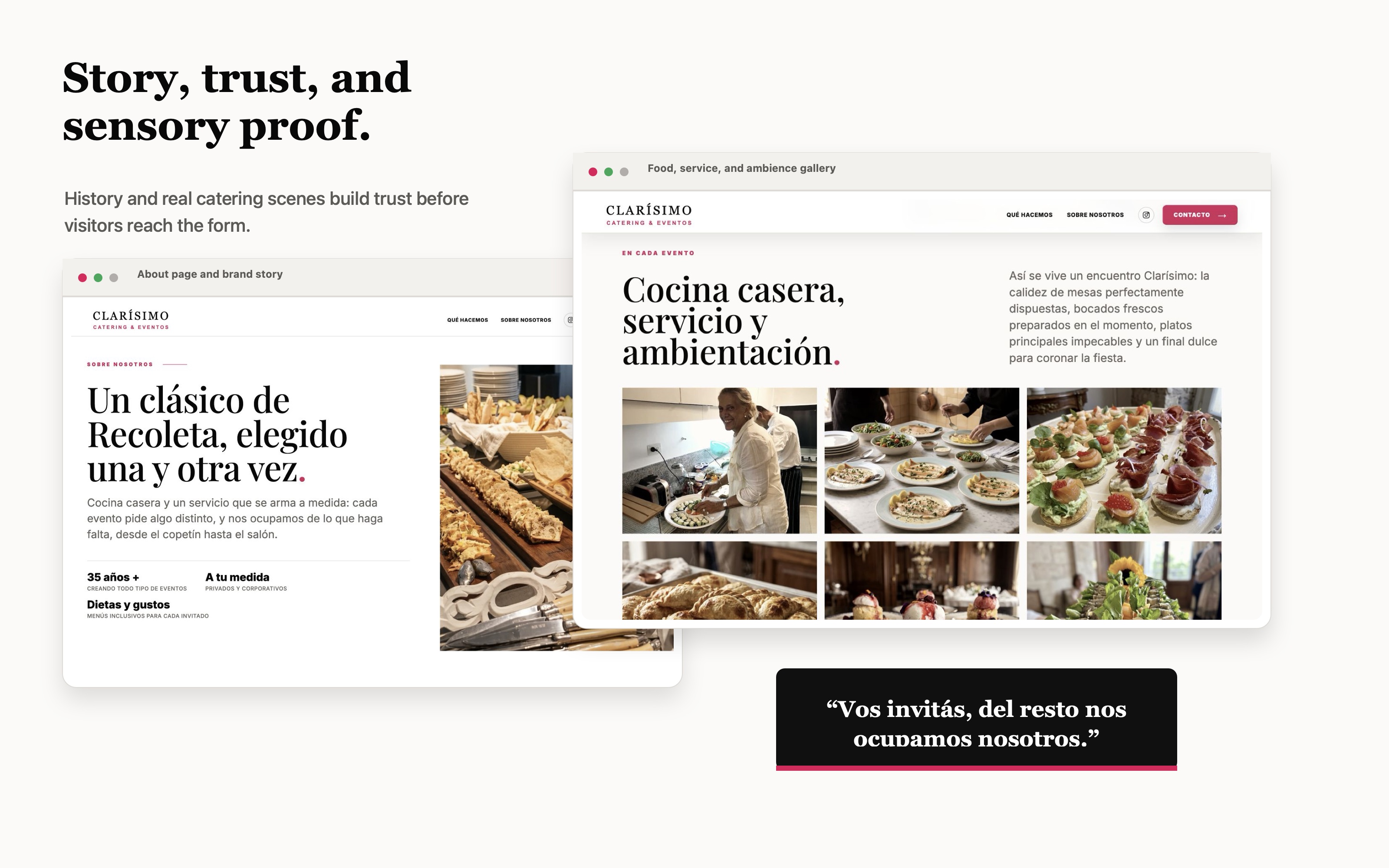 Designed case study board showing Clar&iacute;simo brand story, food gallery, and trust proof