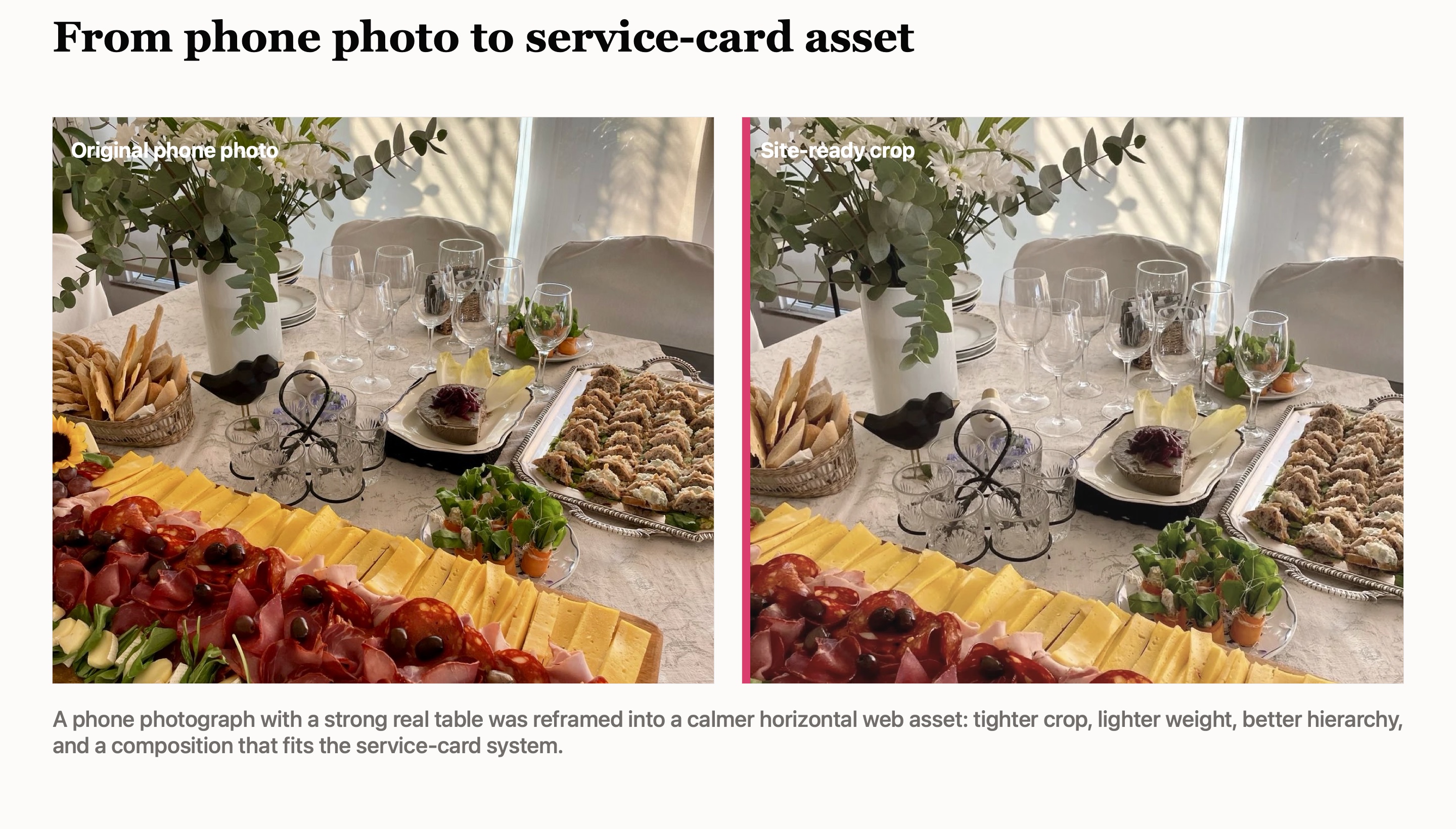 Before and after showing a vertical event table photo transformed into a horizontal service-card image