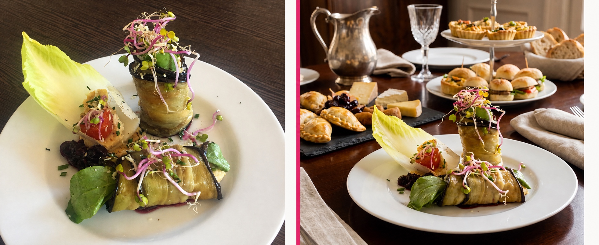 Before and after of eggplant rolls: from the original dish to a complete table setting