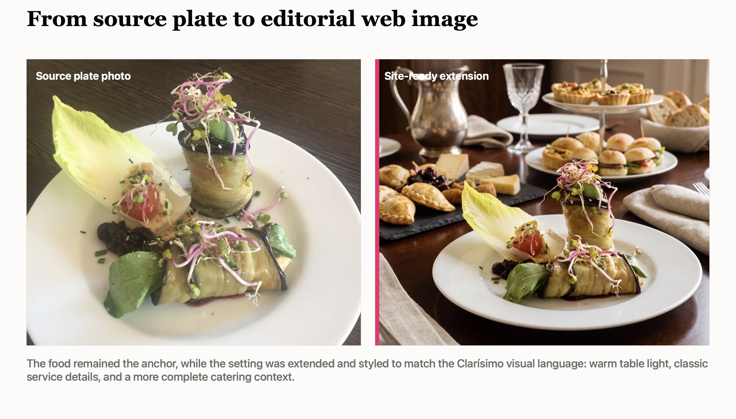 Before and after showing a food photo cropped, balanced, and styled into an editorial web image