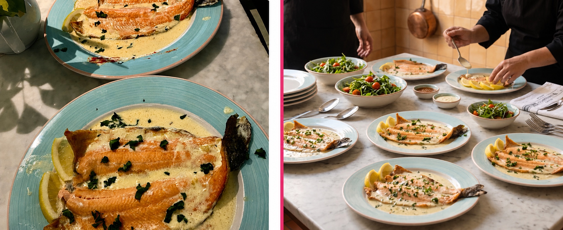 Before and after of a fish photo: from an isolated dish to a catered table