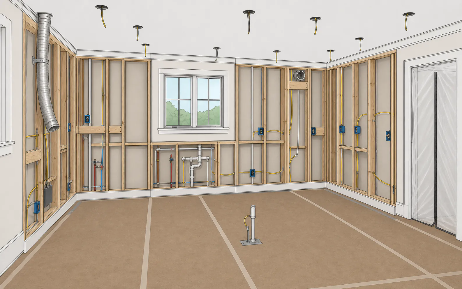 Kitchen during rough-ins with plumbing, power, lighting, and ventilation visible before walls close