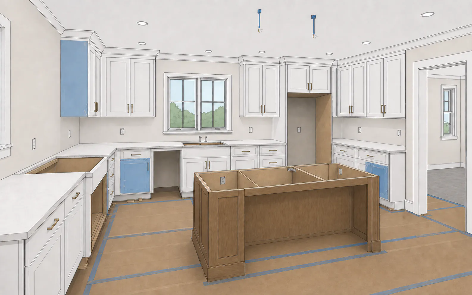 Kitchen during cabinet and countertop installation with completed surfaces protected