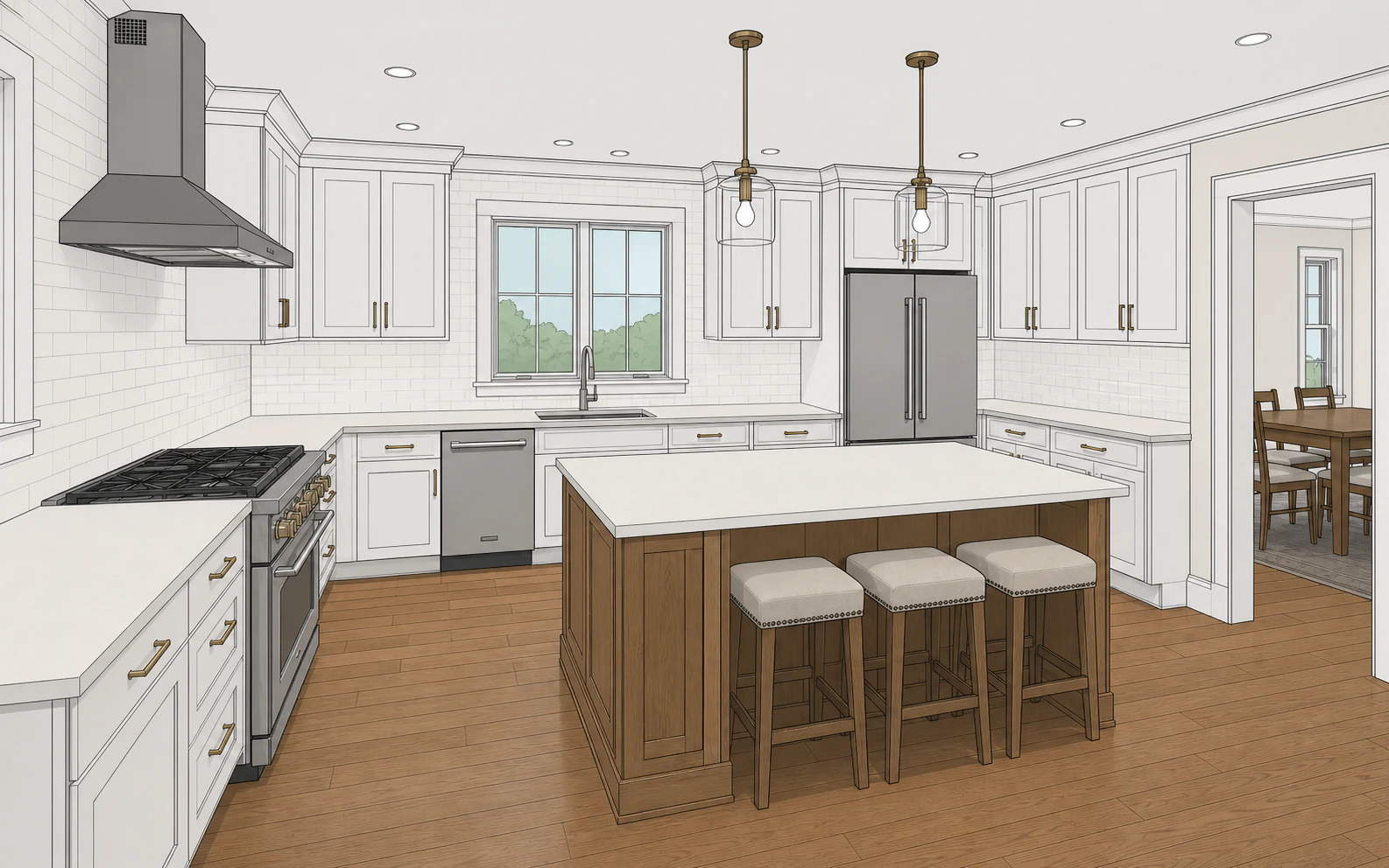 Resolved kitchen coordination model showing final cabinetry, fixtures, openings, and working clearances