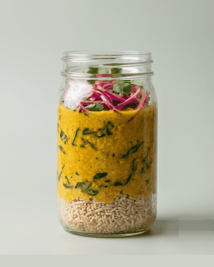 Golden Coconut Dal jar with yellow dal, rice, and herbs