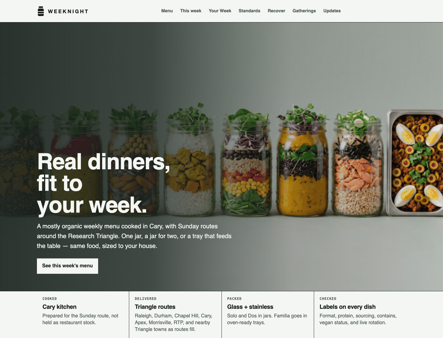 Weeknight homepage screenshot showing the updated logo, hero meal jars, and delivery positioning