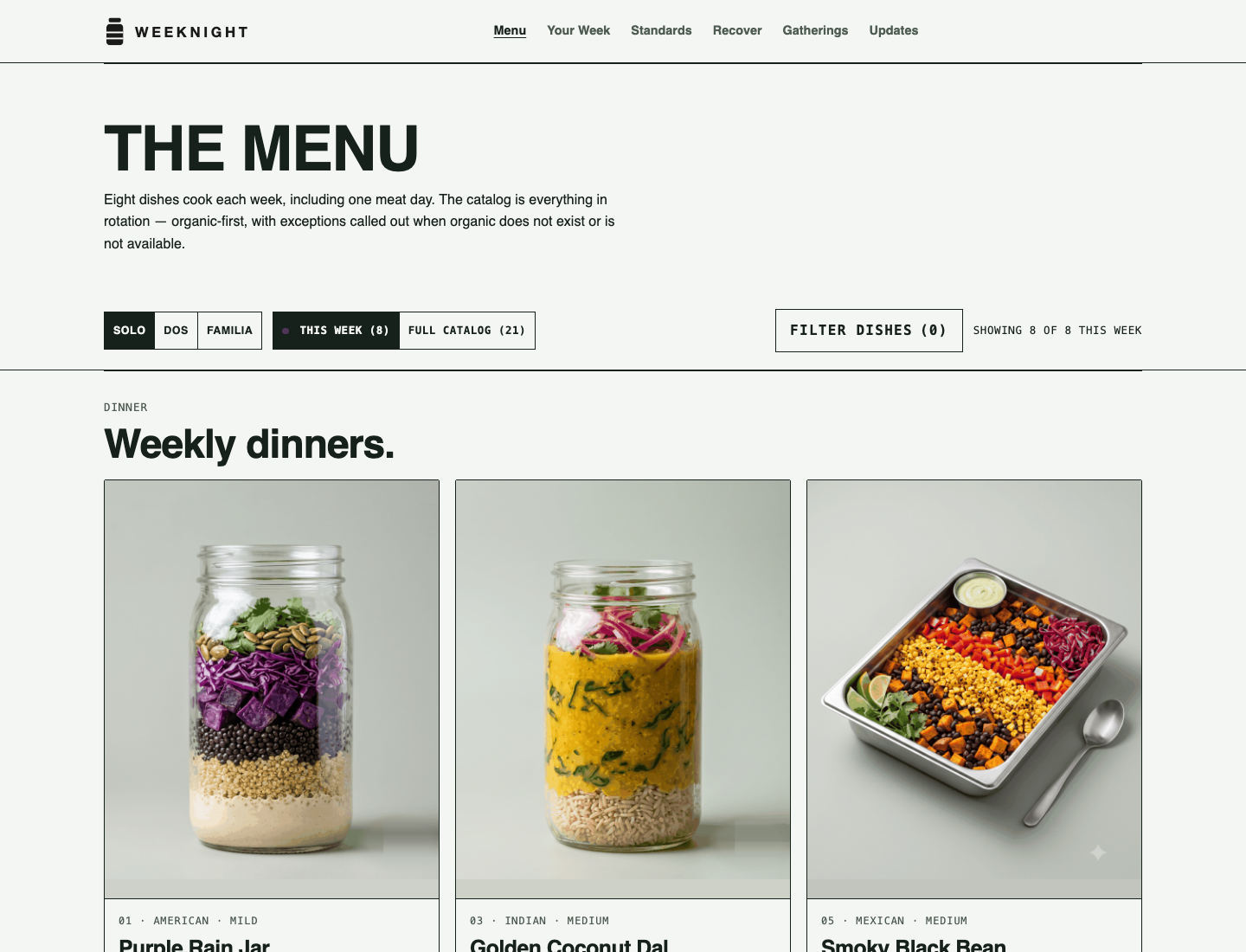 Weeknight menu screenshot showing the updated logo, weekly menu controls, and dish cards