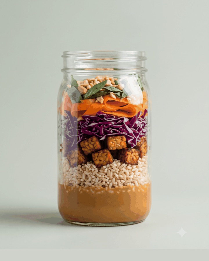 Peanut-lime tempeh bowl layered in a glass jar
