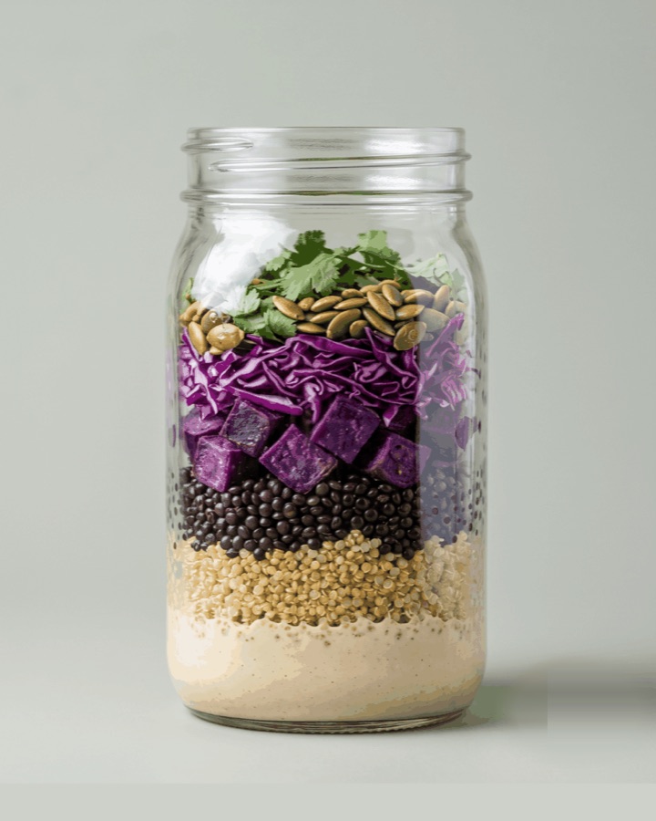 Purple Rain Jar with black rice, purple vegetables, seeds, and herbs