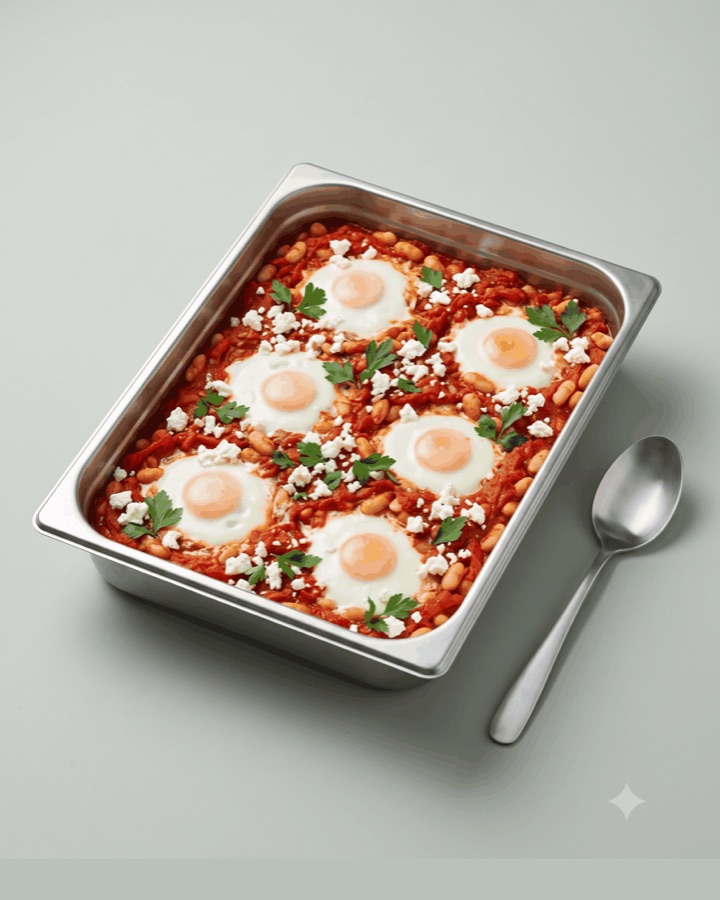 Shakshuka and white bean dinner in a stainless tray