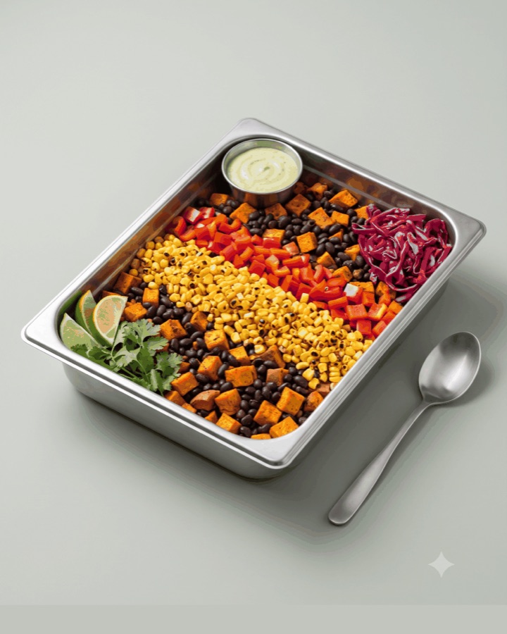 Smoky black bean and sweet potato dinner in a stainless tray